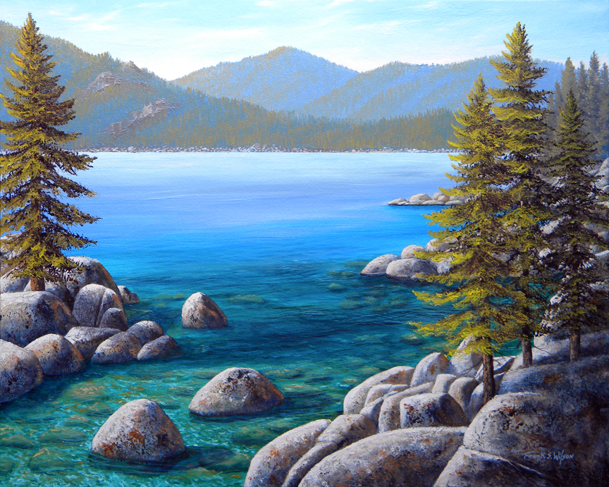 Lake Tahoe Inlet, oil painting by Frank Wilson, lake tahoe, landscape, landscape painting, landscape paintings,