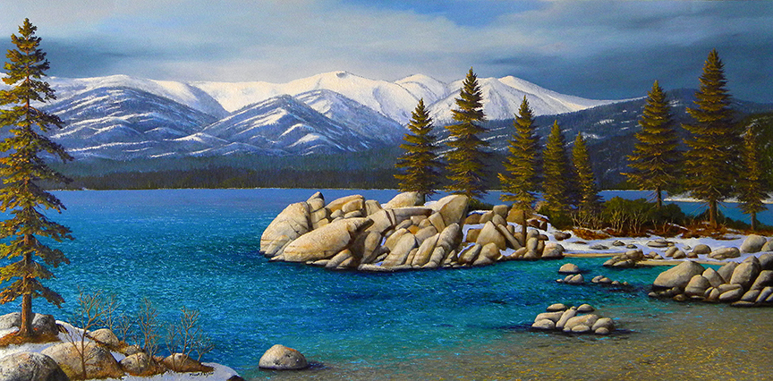 Sand Harbor in Winter Lake Tahoe, painting by Frank Wilson, oil painting, sand harbor, lake tahoe, 