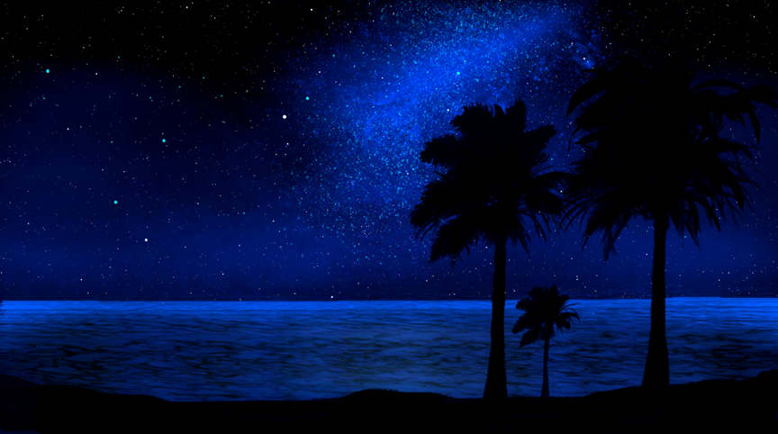 Tropical Beach, Glow in the dark, Mural, beach, nocturnal, night, stars