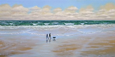 seascape, seascapes, ocean, surf, beach,"Beach Dog Walk" original oil painting by Frank Wilson
