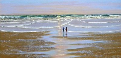 seascape, seascapes, ocean, surf, beach, "Sunset At The Beach" original oil painting by Frank Wilson