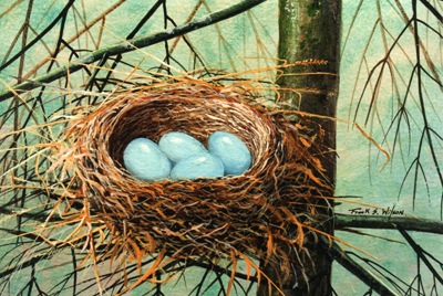 Blue Eggs in Nest, birds nest painting by Frank Wilson