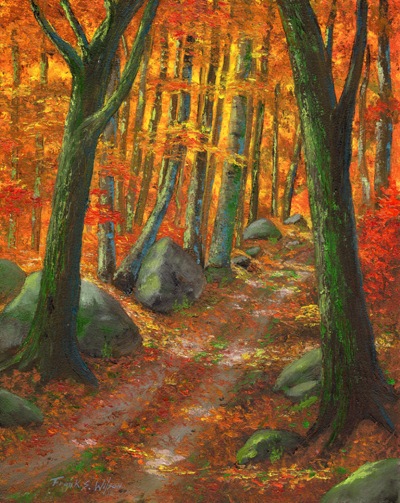 "Forest Light"  Frank Wilson Oils on hardboard panel, 8 x 10 inches.