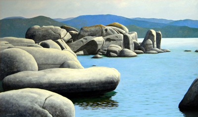 Lake Tahoe, Rocky Cove, Original oil painting on hardboard 36" x 60"