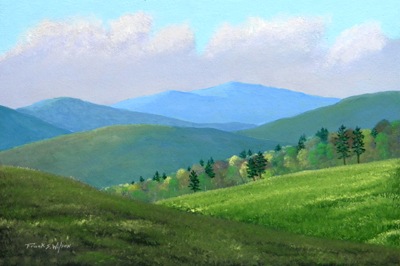 Vermont Pastures, oil painting by Frank Wilson, spring, meadows, mountains, Vermont, flowers