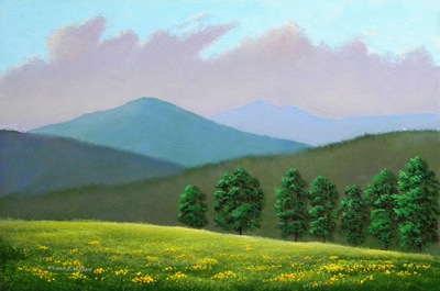 Witness Trees, oil painting by Frank Wilson, spring, meadows, mountains, Vermont, flowers