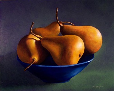 still life painting, Blue Bowl With Pears, oil painting by Frank Wilson