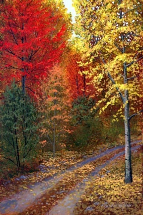 landscape painting, October Road, oil painting by Frank Wilson, autumn foliage, autumn season, New England,