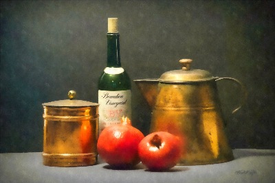 "Wine Bottle Copper Pots And Pomegranates"   photograph by Frank Wilson  "
