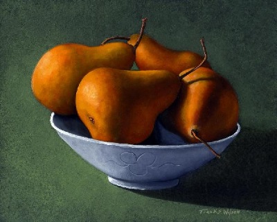 still life painting, Pears in Blue Bowl, oil painting by Frank Wilson